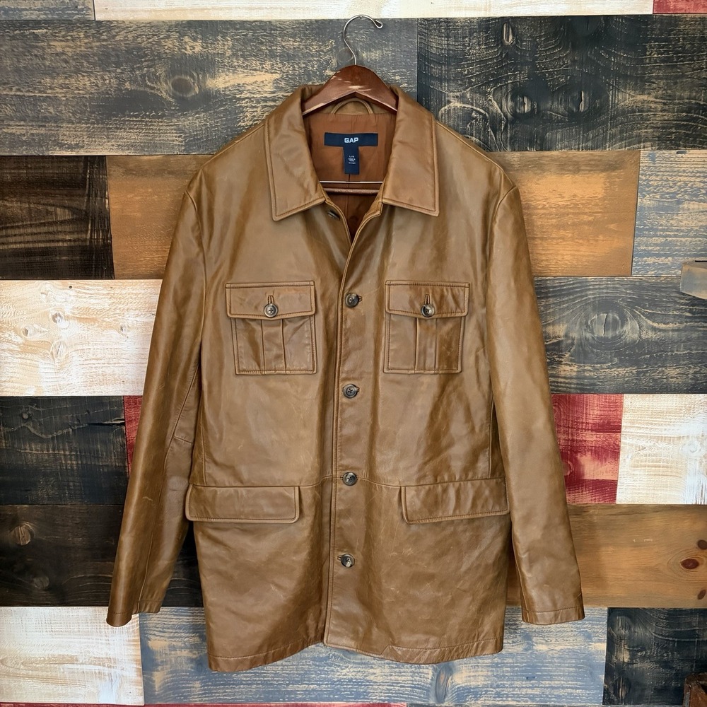 Vintage Gap Leather Jacket 90s 2000s Tan Brown Large Overcoat Cowhide